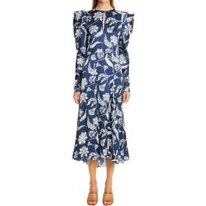 JOHANNA ORTIZ Wild Blue Botanical-print Silk-charmeuse Midi Dress size 10